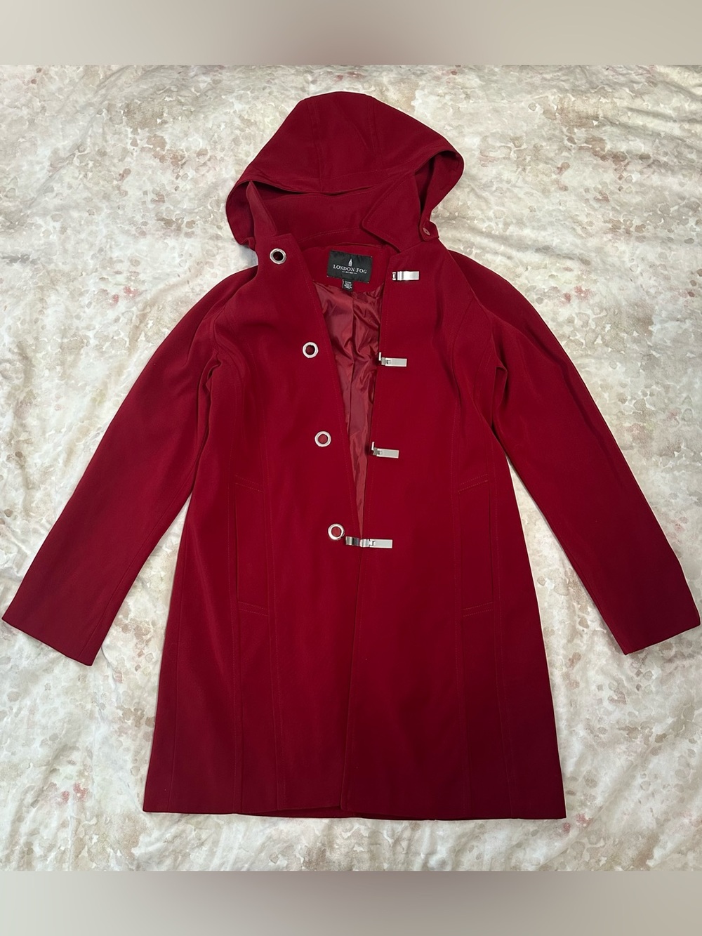 London Fog Women's Hooded Red Trench Coat with Toggle Closures